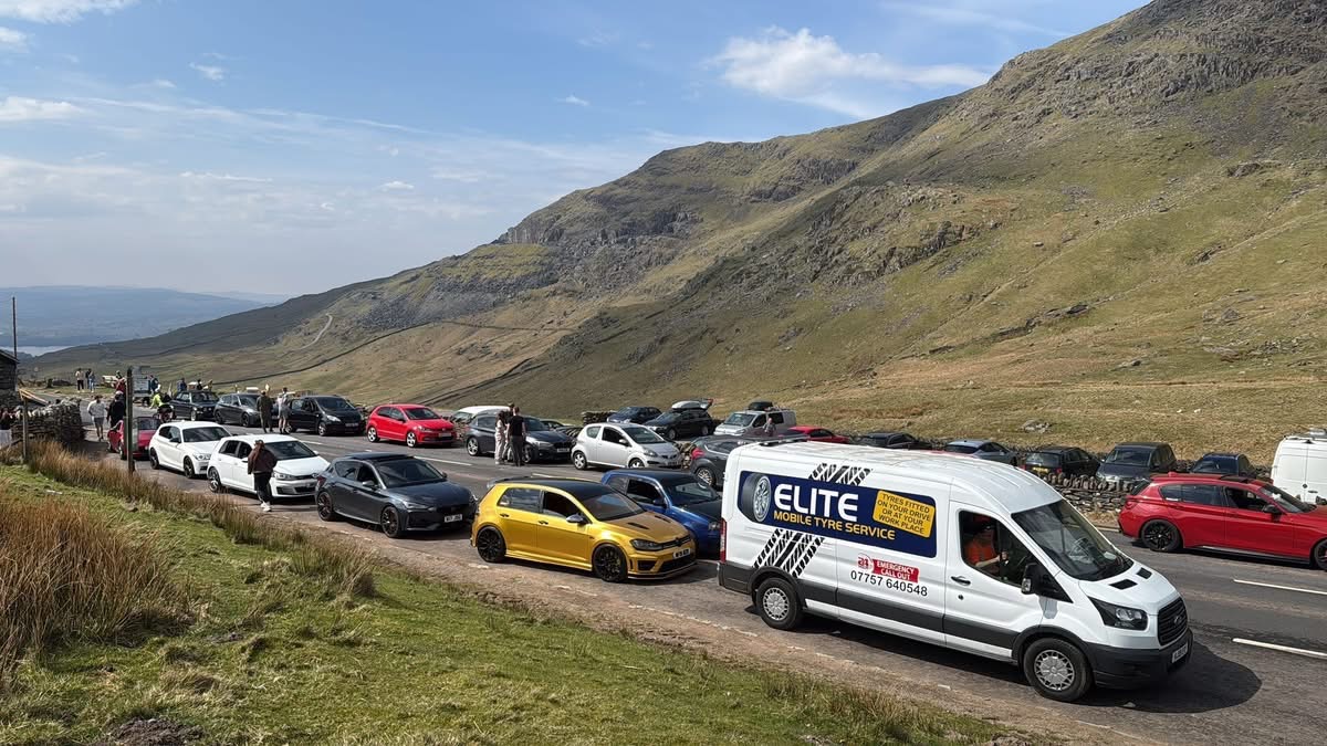 Event tyre support at Hardknott Pass, Lake District — Elite Mobile Tyre Service van on-site at a car meet fitting performance tyres
