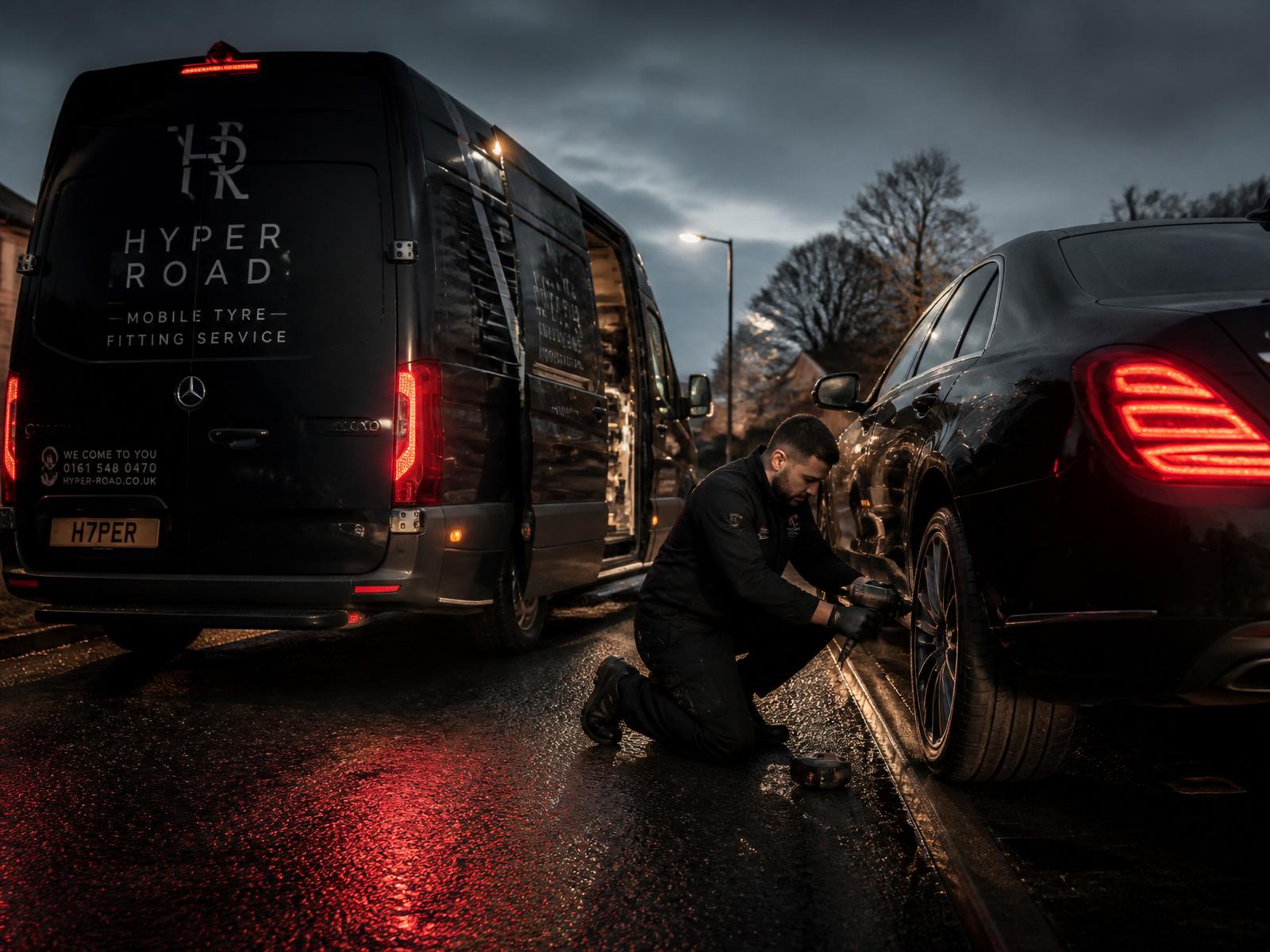 Elite mobile tyre technician fitting a tyre roadside