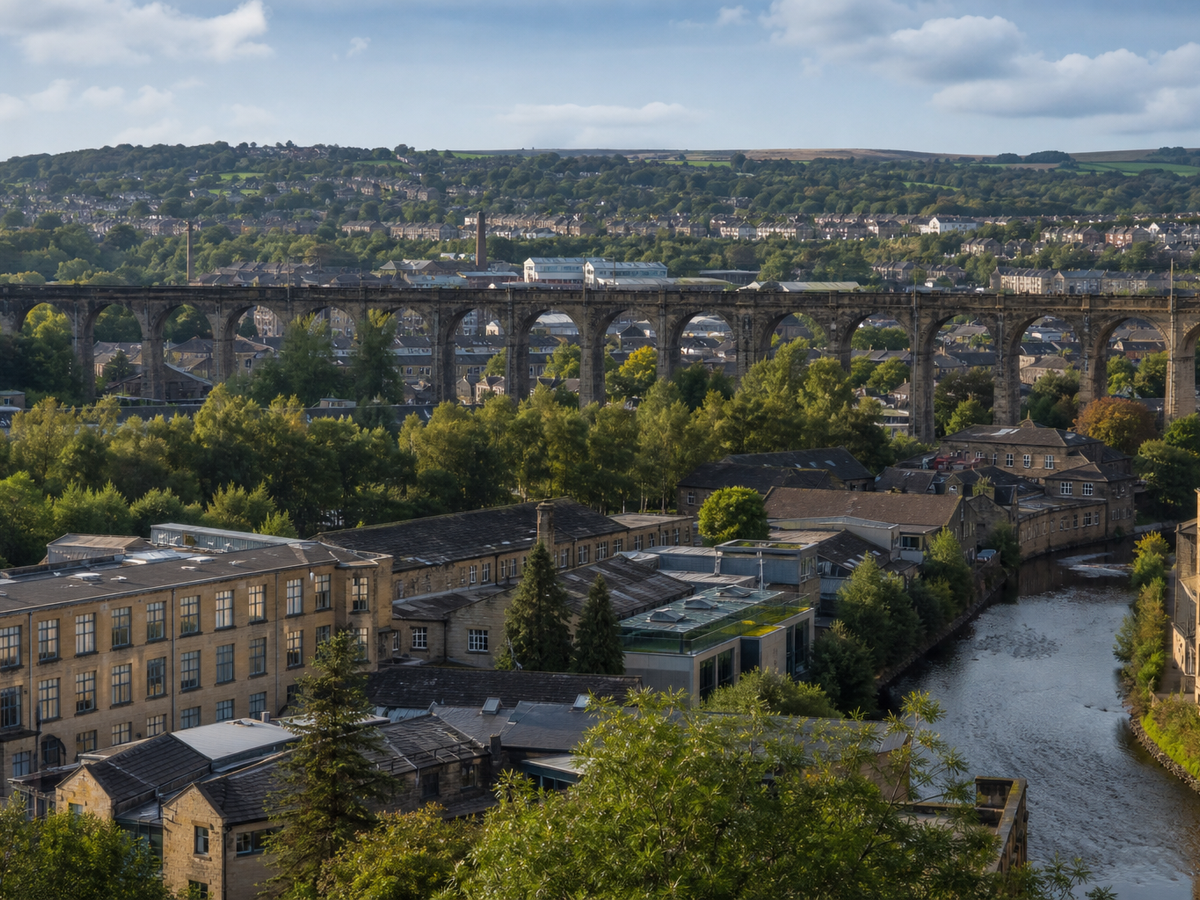 A historic viaduct spans a lush green valley, overlooking a river and surrounding buildings under a blue sky.