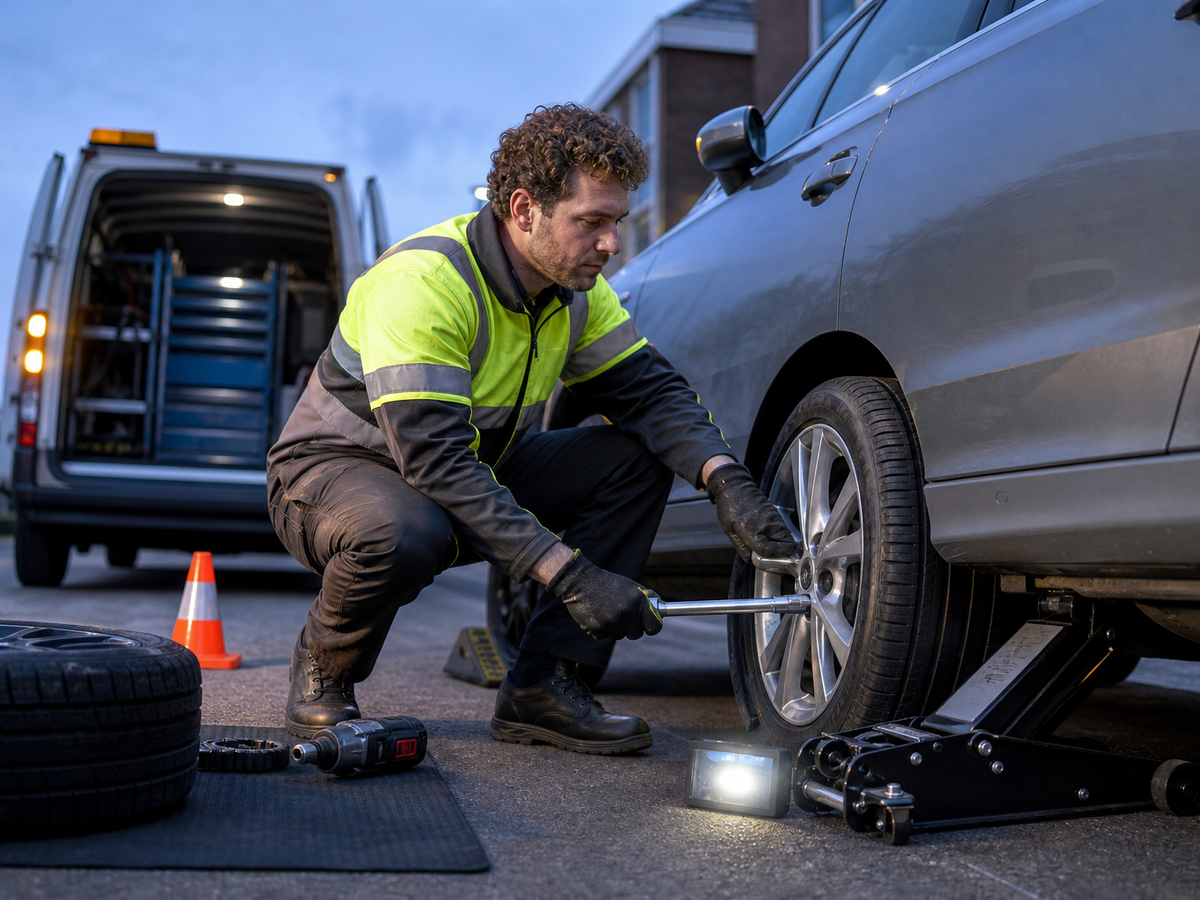 A mechanic changes a car tyre using tools beside a van at dusk.