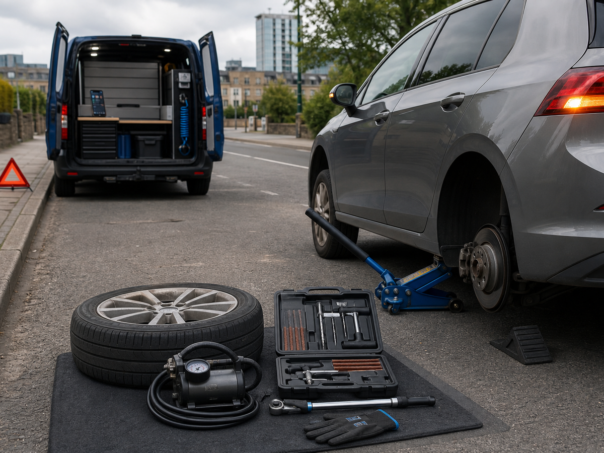 Car jacked up for tyre change with tools and an open van nearby.