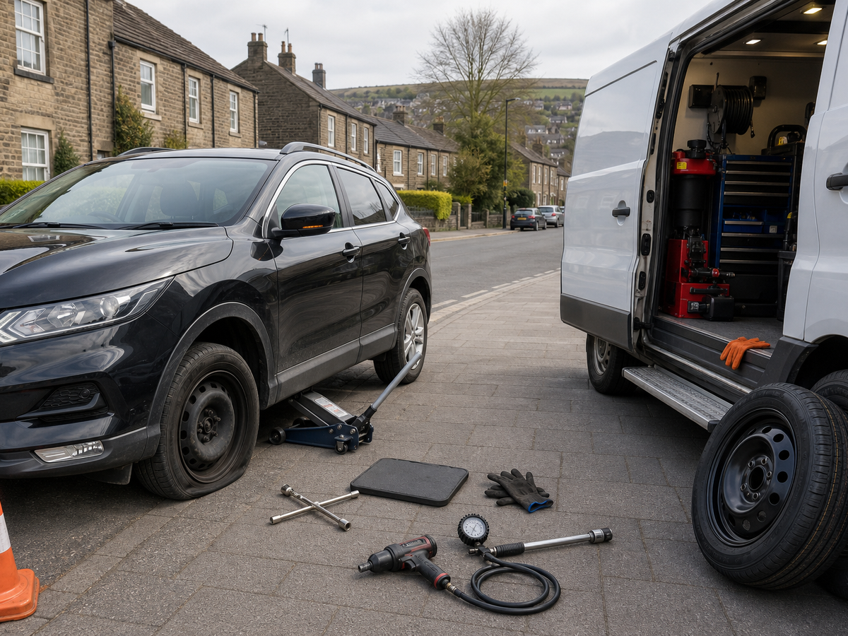 Car with a missing wheel on a lift, tools and spare tyre nearby, van with open door on a residential street.