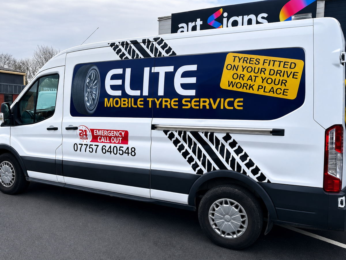 Elite mobile tyre service van parked on a road.