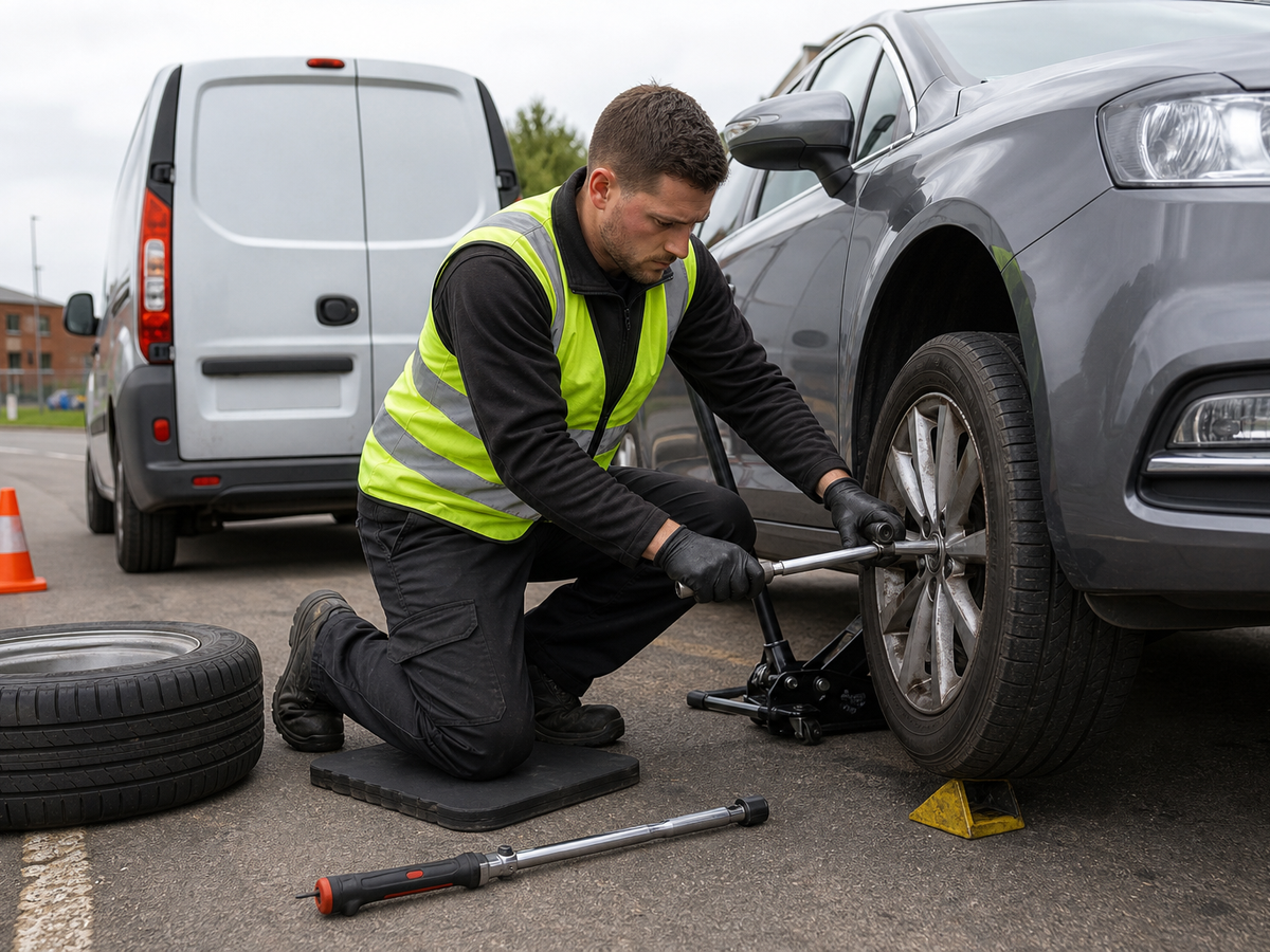 Man in high-visibility vest changing a car tyre by a roadside.