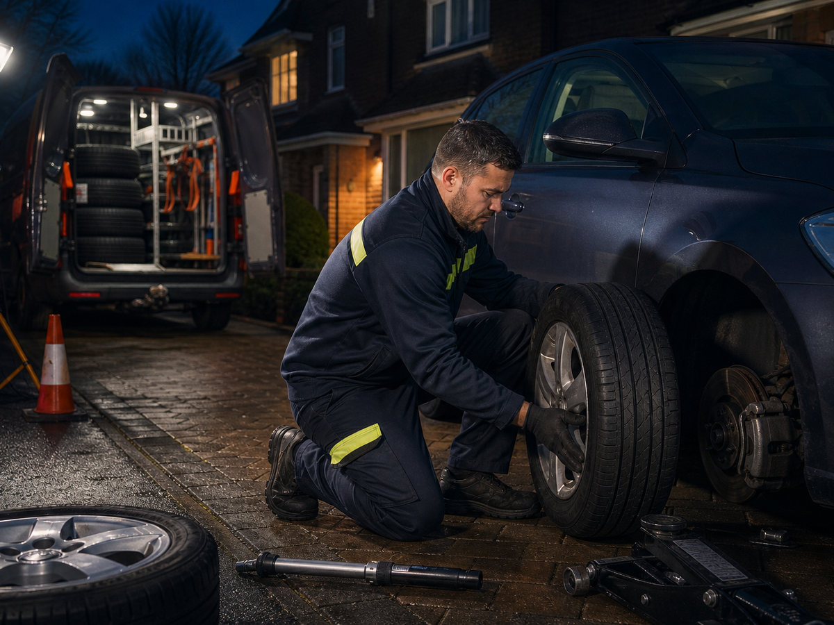 Mechanic changing a car tyre on a residential driveway at night with a van and tools nearby.