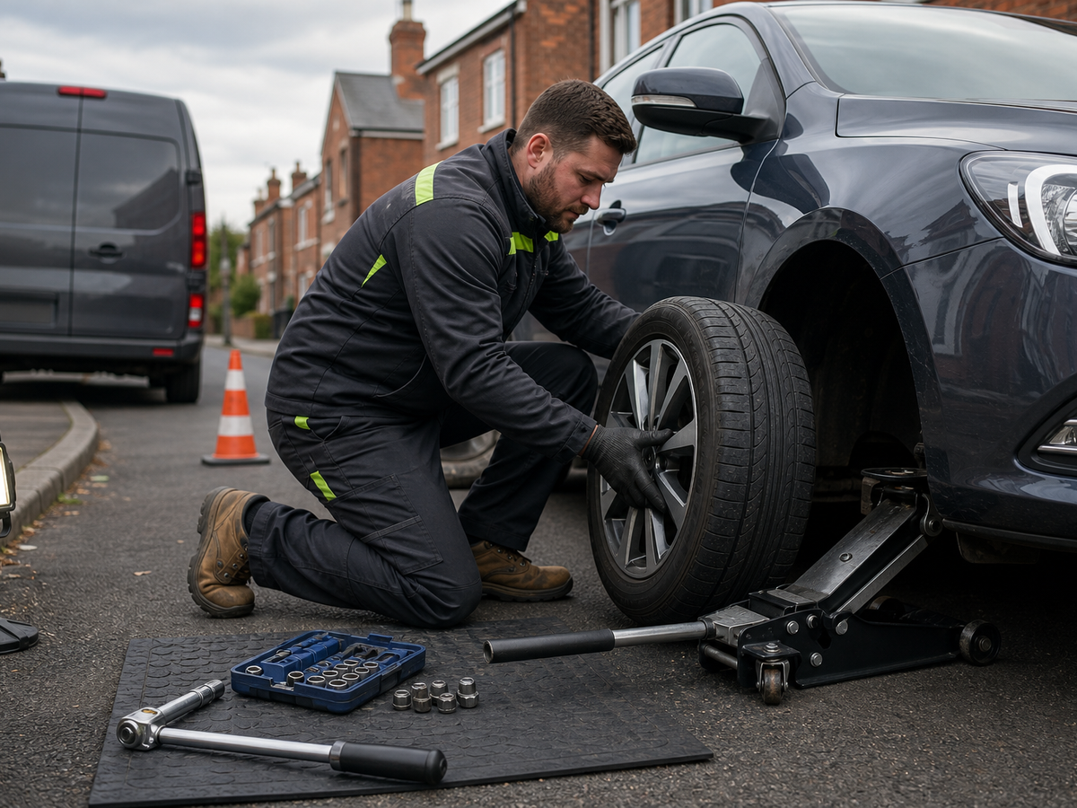 Mechanic changing a car tyre on a street with tools laid out beside him.