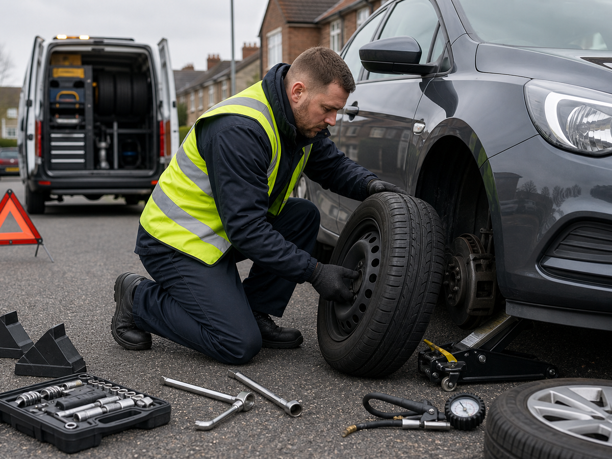 Mechanic changing a car tyre on the roadside with tools and a safety triangle nearby.