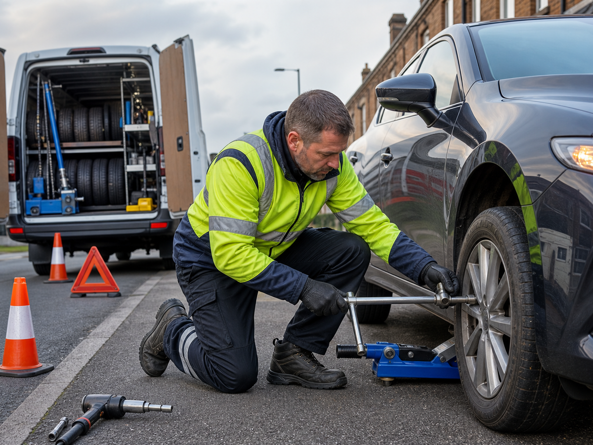 Mechanic changing a car tyre on the roadside with tools and service van nearby.
