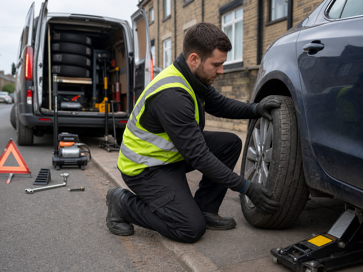 Mechanic in a hi-vis vest changes a car tyre on the roadside with tools and a service van nearby.