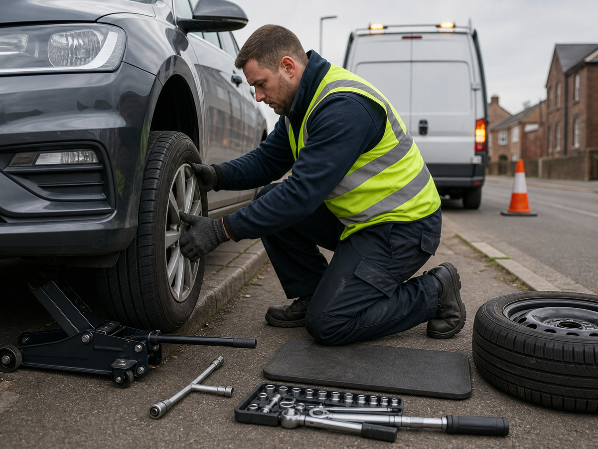 Mechanic in a reflective vest changing a car tyre on a roadside.