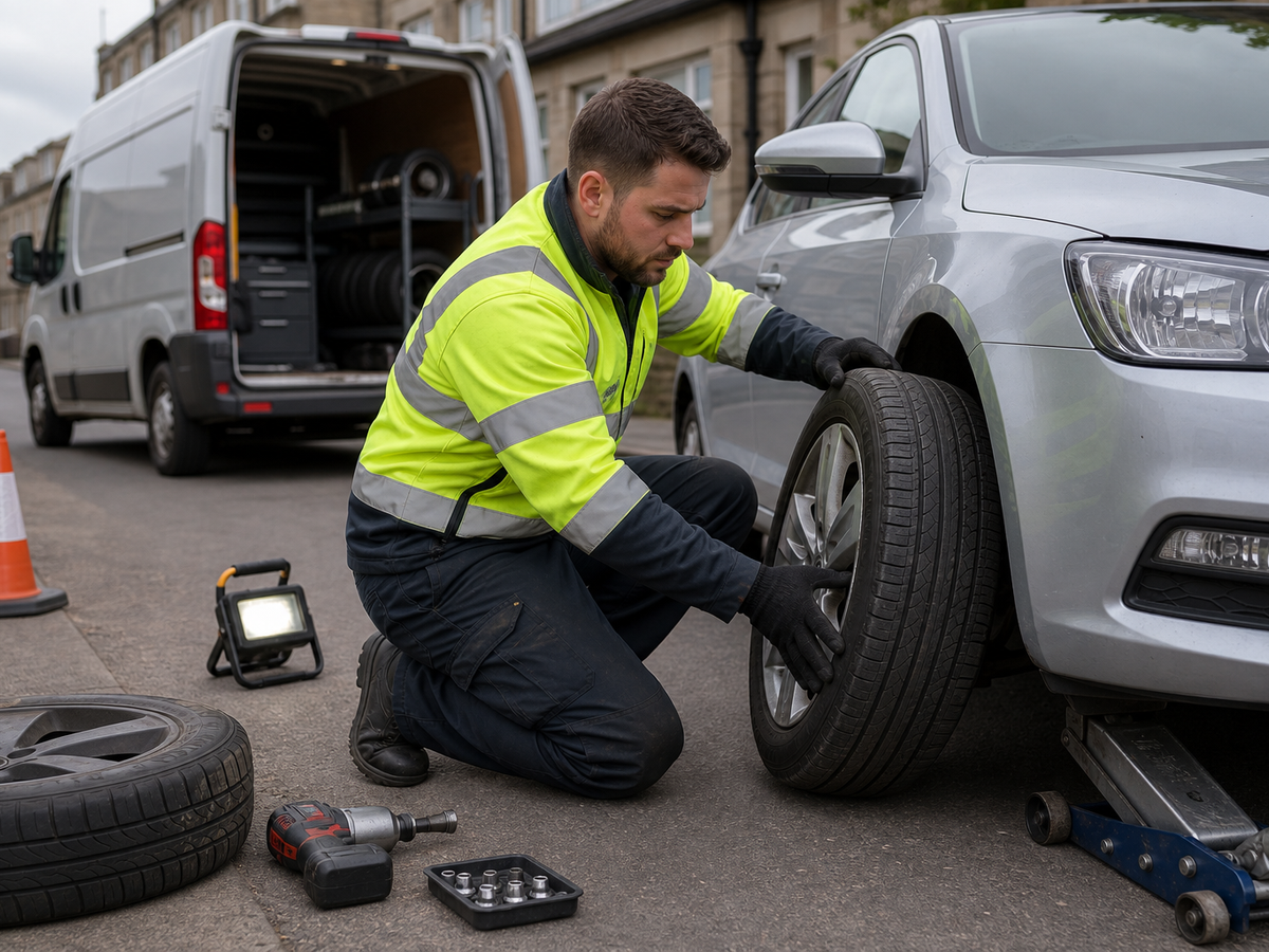 Mechanic in high-visibility jacket changes a car tyre on a city street.