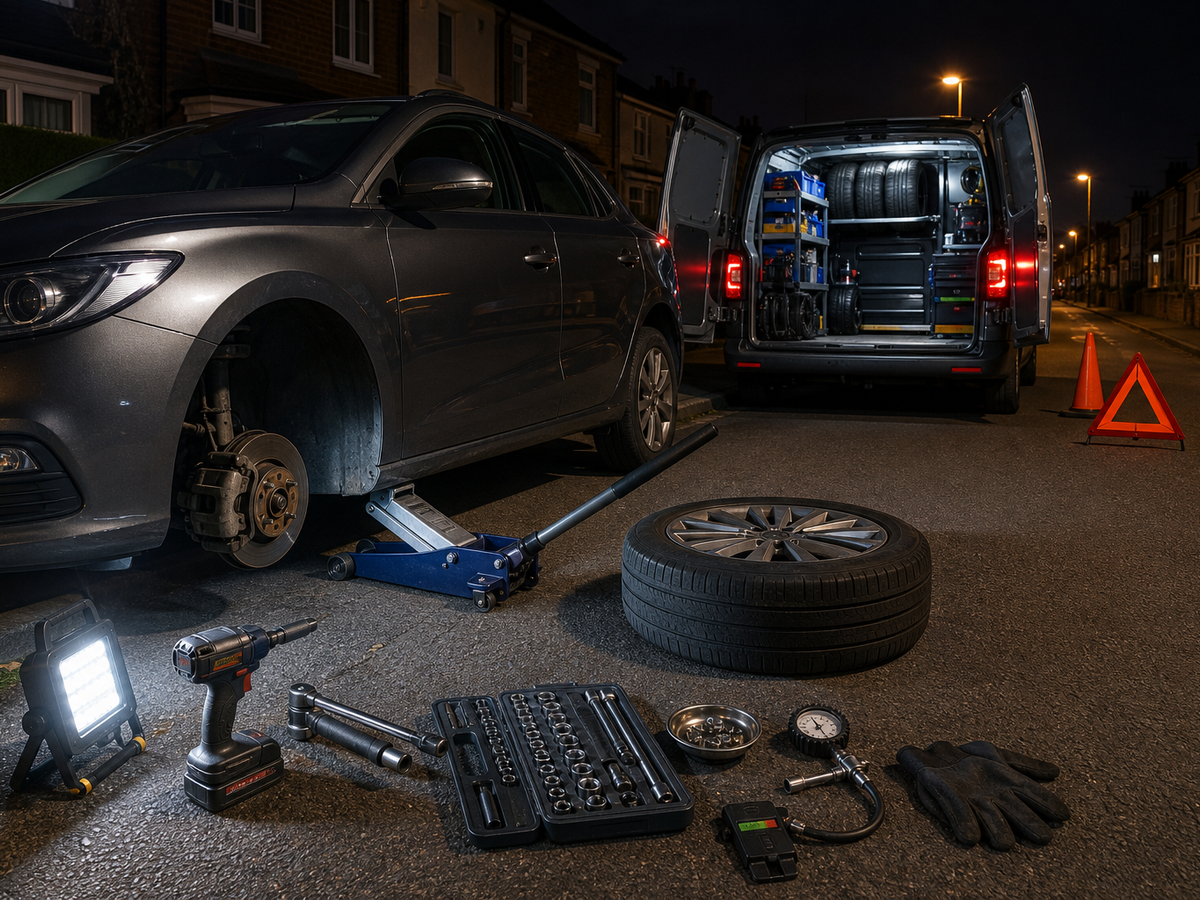 Nighttime roadside car repair with tools, a jack, spare tyre, and utility van illuminated by floodlights.