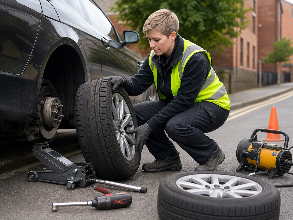 Person changing a car tyre on a street using a jack and tools.
