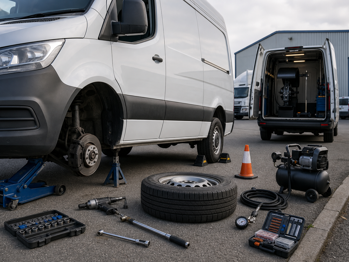 Van with removed wheel on jack stands surrounded by various tools and equipment.