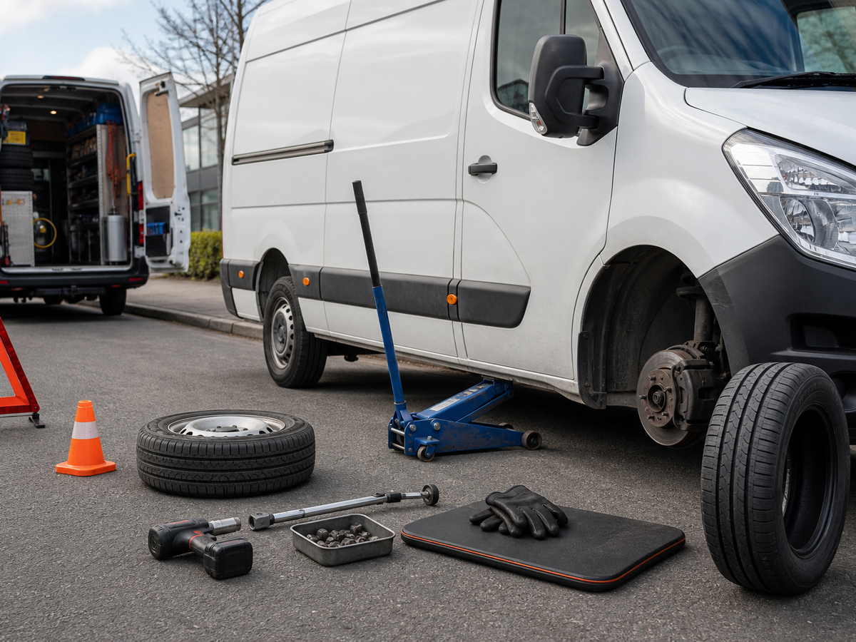 Van with tools for tyre change on the road, including a jack, wheel, and caution signs.