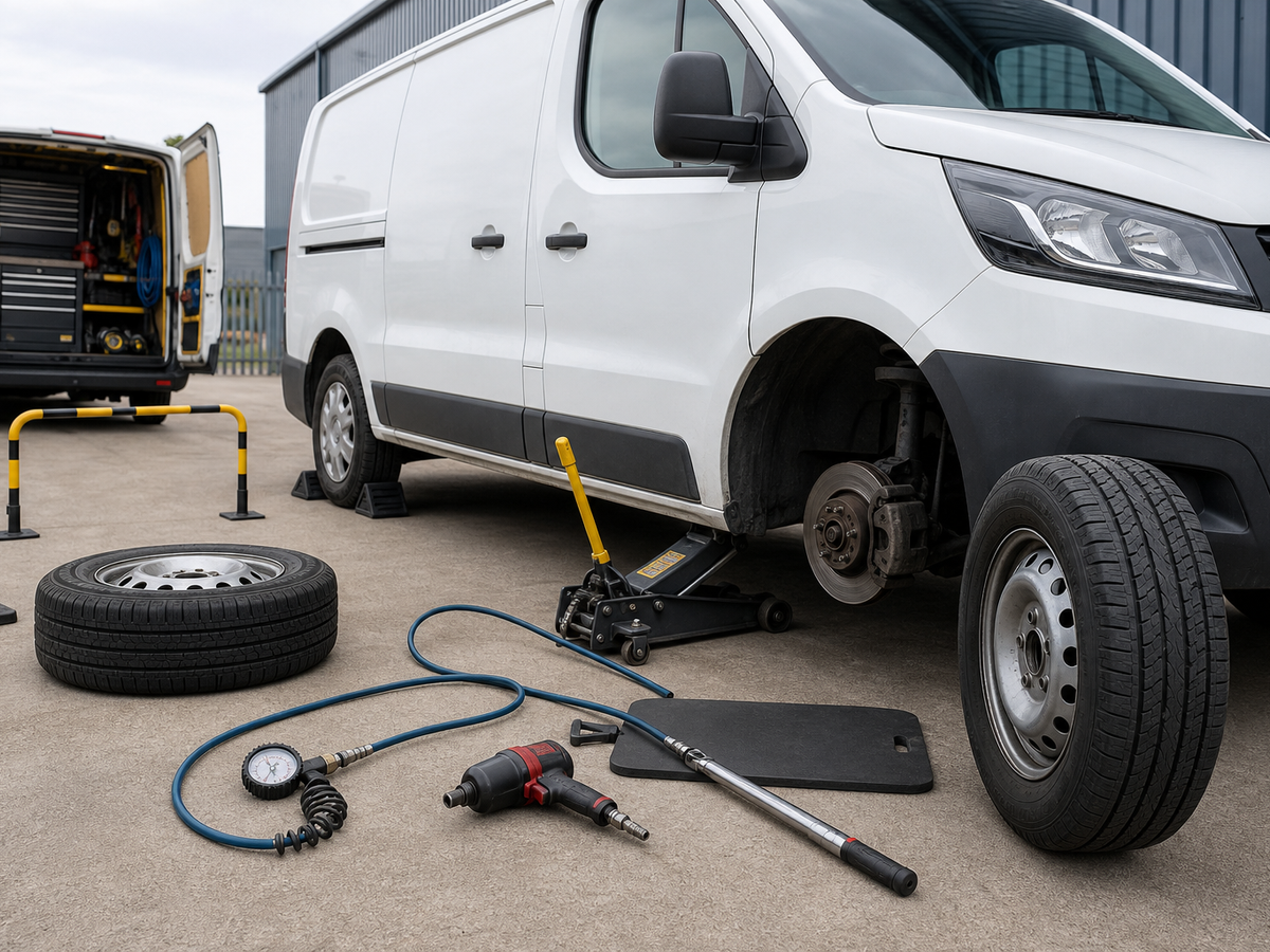 White van with a wheel removed, surrounded by tyre-changing tools and an open service van in the background.